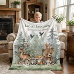 Couverture douce personnalisée avec motif animaux de la forêt aquarelle nom et texte - Cadeau anniversaire pour enfants