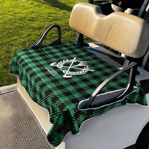 Personalized Golf Club Wreath Plaid Golf Cart Seat Cover with Name and Initial Golf Course Accessories Birthday Gift for Golfers Country Clubs