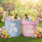Henkilökohtainen söpö Bunny Flower Initial Plaid pääsiäiskori nimi ja röyhelöt munat metsästys osapuoli pääsiäislahja lapsille