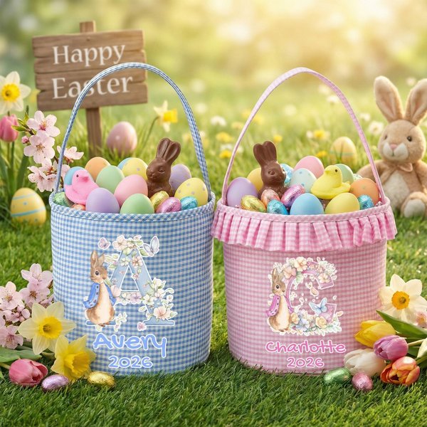 Henkilökohtainen söpö Bunny Flower Initial Plaid pääsiäiskori nimi ja röyhelöt munat metsästys osapuoli pääsiäislahja lapsille