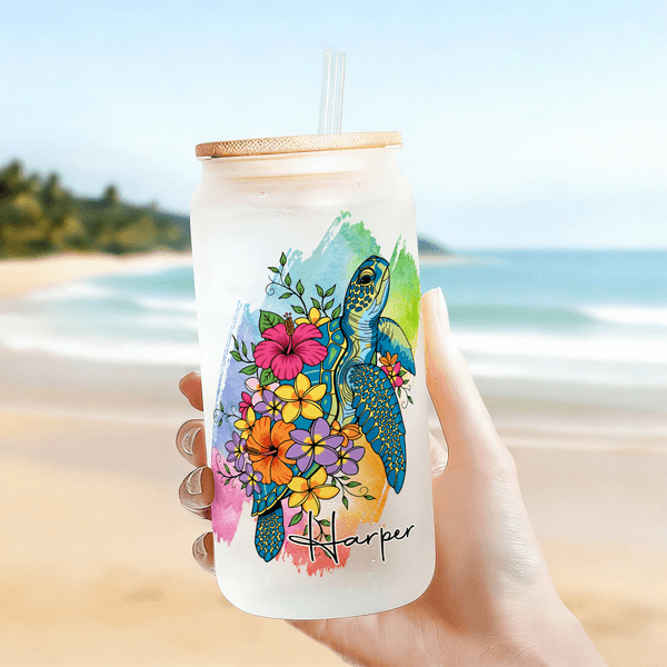 Personalisierte Aquarell florale Meeresschildkröte 20 oz mattiertes Glas mit Namen Stroh und Bambusdeckel Reisen Geburtstag Urlaub Geschenk für Familie Freunde
