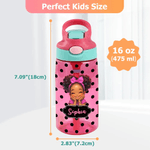 Personalised Polka Dot Cute Cartoon Black Girl Name 12 oz 16 oz Water Bottle with Straw and Handle Back to School Birthday Gift for Girls