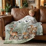 Couverture douce personnalisée avec motif animaux de la forêt aquarelle nom et texte - Cadeau anniversaire pour enfants