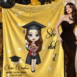 Personalised Multicolour Grad Hat Scroll Cartoon Graduation Character Soft Throw Blanket with Name Class Of 2026 Birthday Graduation Gift for Graduates