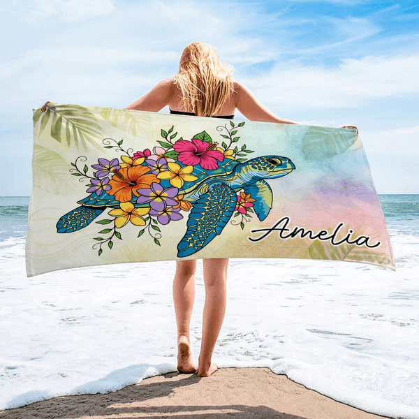 Personalisiertes Strandtuch mit Meeresschildkröte und Blumen | mit Namen | Mikrofaser | schnelltrocknend | Strand Urlaub Geschenk für Familie Freunde