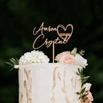 Personalised Script Line Acrylic and Linden Wood Heart Shaped Wedding Cake Topper with Name and Date Wedding Birthday Gift for  Newlyweds