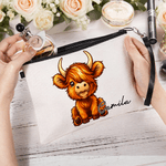 Gepersonaliseerd schattig Highland koe linnen make-up tasje met naam en polsbandje verjaardagscadeau voor Highland koe liefhebbers vrouwen
