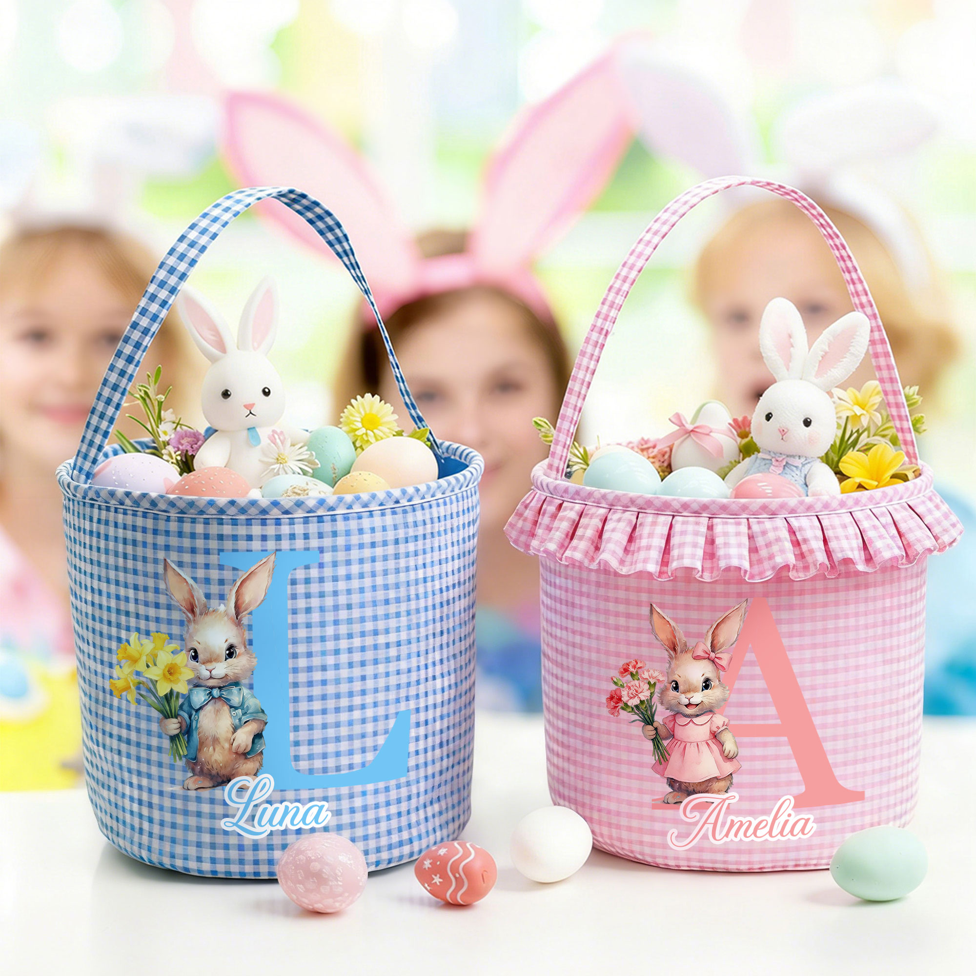 Personalisierte niedliche Hase Geburt Blume Plaid Osterkorb mit Namen Ostereierjagd Ostern Geschenk für Jungen Mädchen