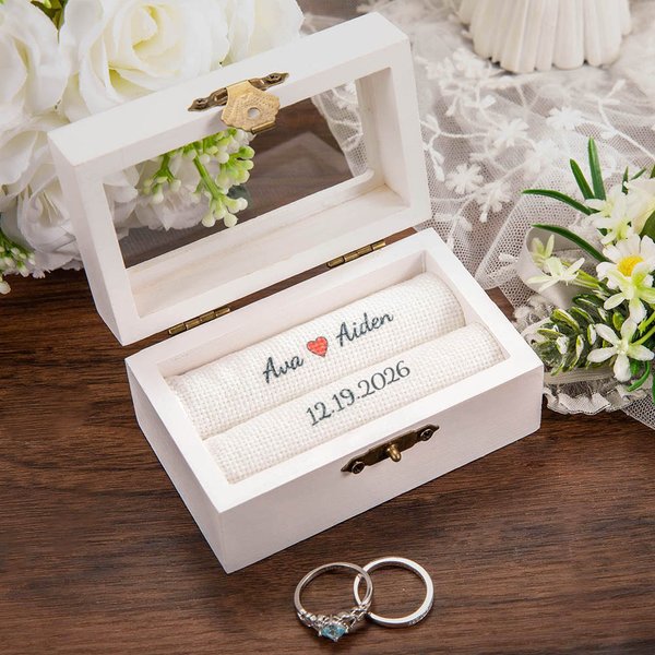 Boîte à bagues en bois élégante et personnalisée avec noms et coussin de protection pour bague Cadeau de mariage et de fiançailles pour couple de mariés