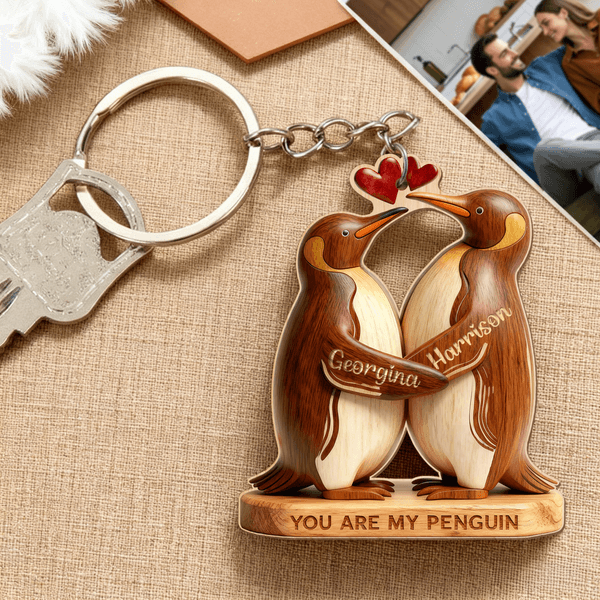 Personalized You Are My Penguin Wooden Keychain with Name Valentine's Day Birthday Anniversary Gift for Couple Boyfriend Girlfriend