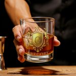 Personalized Golden Shield Initial Name 10 oz Rock Whiskey Glass Old Fashioned Anniversary Birthday Gift for Man Bartender Whiskey Enthusiast