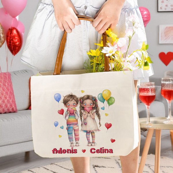 Personalised Cartoon Couple Canvas Tote Bag with Name and PU Leather Handle Travel Essentials Birthday Valentine's Day Gift for Couple