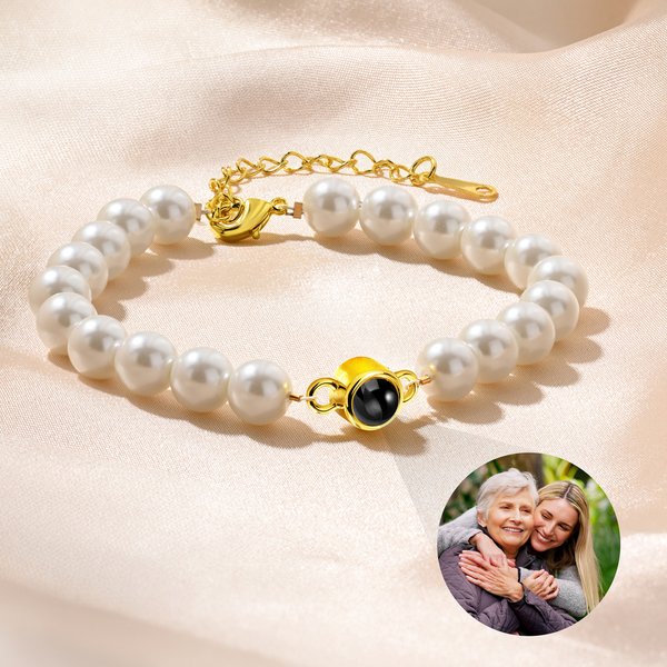 Personalized Photo Projection Pearl Bracelet Dainty Jewellery Birthday Valentine's Day Anniversary Gift for Mom Girlfriend Sister