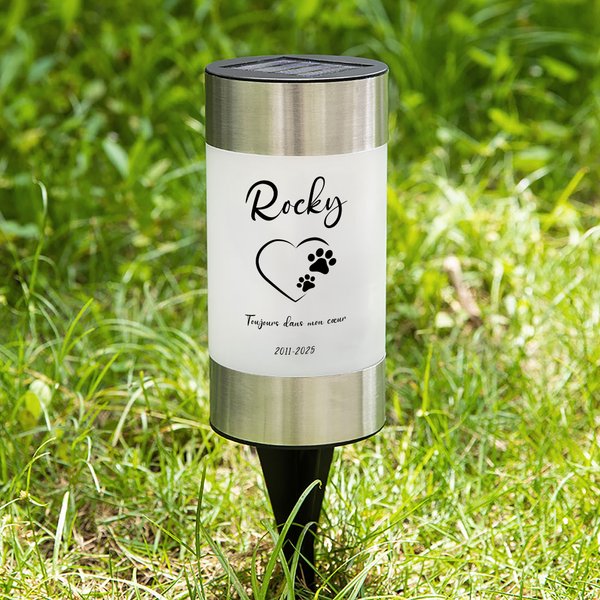 Lampe Solaire de Jardin Personnalisée avec Nom Texte Date Motif d'Empreinte de Patte Style d'Arc-en-ciel Cadeau pour Propriétaire d'Animal Domestique
