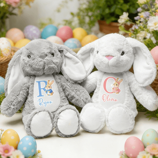 Giocattolo di peluche personalizzato con il nome del coniglietto iniziale di Pasqua, regalo di compleanno per bambini.