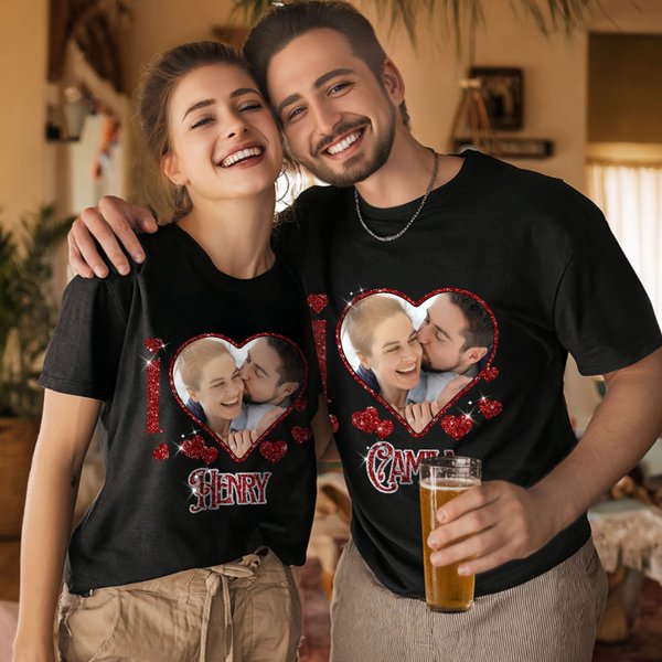 Gepersonaliseerd sprankelend glitter hart-vormig foto T-shirt Sweatshirt met naam Valentijnsdag Verjaardagscadeau voor echtpaar Man Vrouw