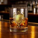 Personalized Golden Shield Initial Name 10 oz Rock Whiskey Glass Old Fashioned Anniversary Birthday Gift for Man Bartender Whiskey Enthusiast