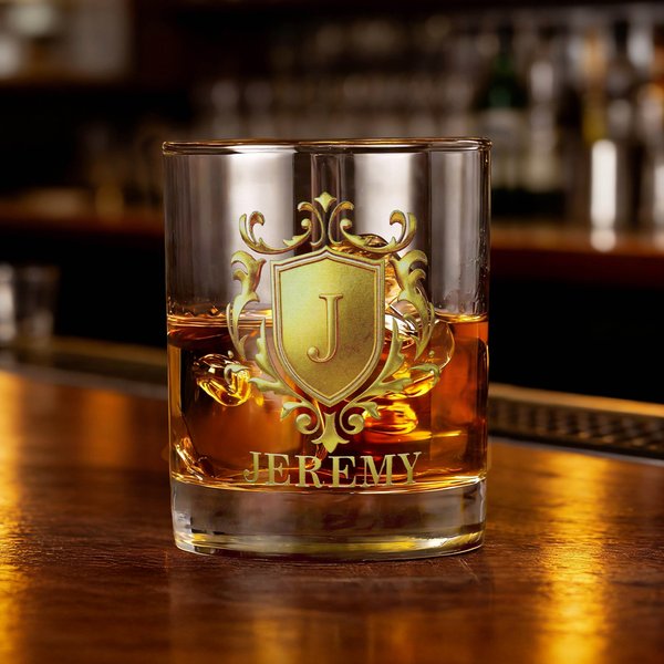 Personalized Golden Shield Initial Name 10 oz Rock Whiskey Glass Old Fashioned Anniversary Birthday Gift for Man Bartender Whiskey Enthusiast