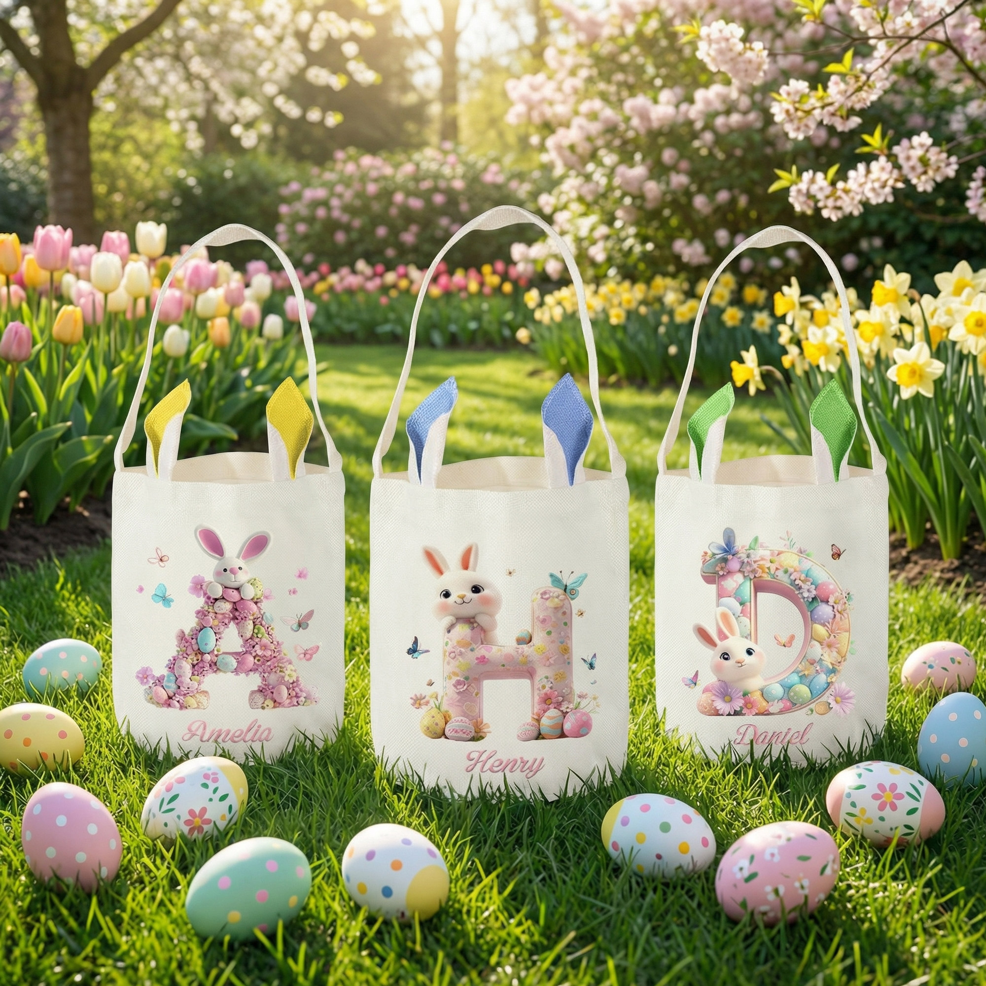 Personalisierte niedliche Hase Osterkorb mit Namen und Initialen täglichen Gebrauch Geburtstag Ostergeschenk für Kinder Jungen Mädchen