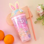 Personalized Ice Cream Waffle Bunny 15 oz Water Bottle with Straw and Name Birthday Summer Vacation Travel Gift for Kids