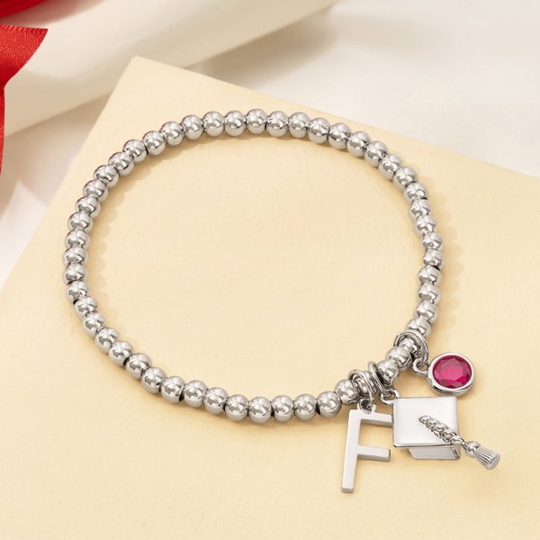 Personalized Graduation Cap Birthstone Initial Charm Beaded Bracelet Dainty Jewellery Well Done Graduation Gift for Graduates