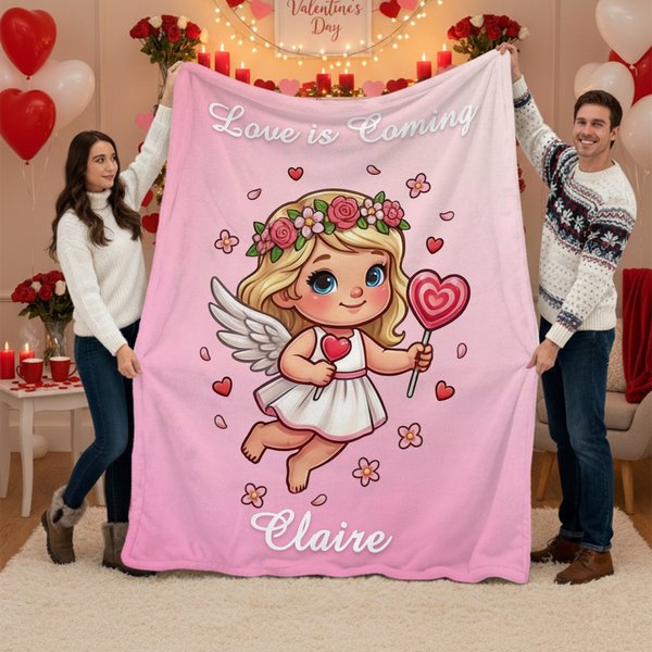 Spersonalizowany miękki koc z imieniem i nazwiskiem Heart Rose Cute Cupid Home Decor Walentynkowy prezent rocznicowy dla pary