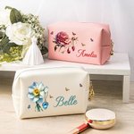 Personalizado Multicolor Gemstone Birth Flower PU Leather Makeup Bag with Name and Zipper Travel Essentials Birthday Gift for Women
