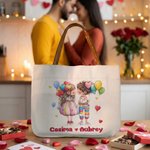 Personalised Cartoon Couple Canvas Tote Bag with Name and PU Leather Handle Travel Essentials Birthday Valentine's Day Gift for Couple