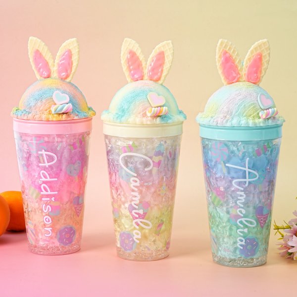 Personlig glassvåffla Bunny 15 oz vattenflaska med sugrör och namn Födelsedag sommar semester resepresent för barn