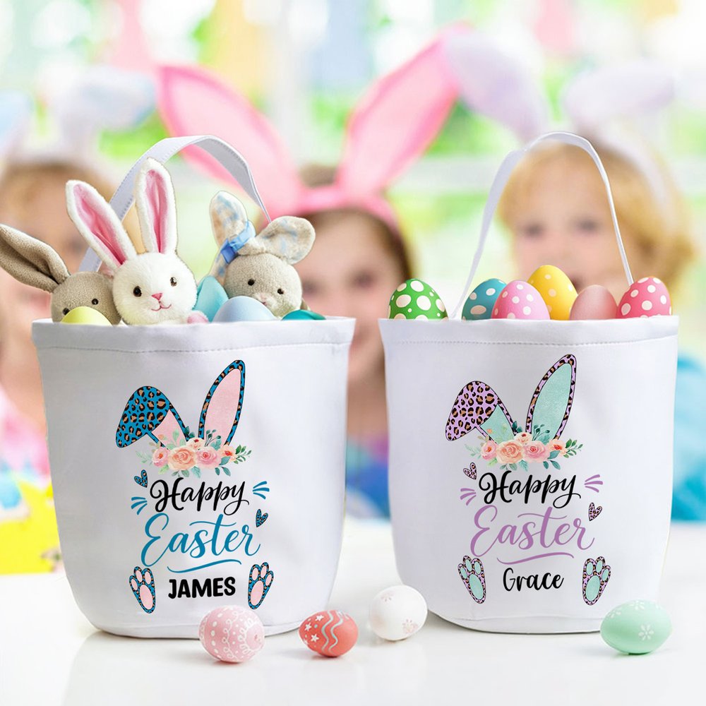 Cestino di tela riutilizzabile con nome per bambini e bambine, personalizzato con stampa leopardata e fiore di coniglietto. 5