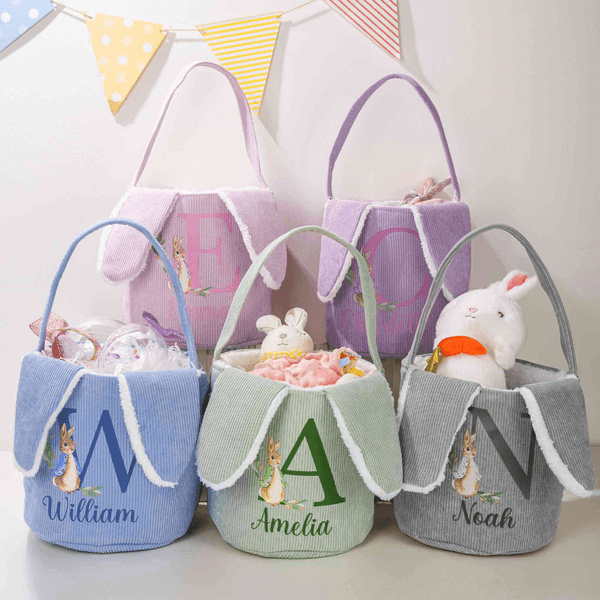 Personalised Cute Peter Rabbit Corduroy Easter Basket with Name and Initial Outdoor Activities Easter Egg Hunting Gift for Kids
