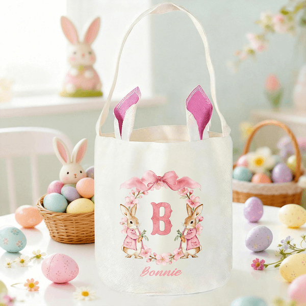 Personalised Cute Peter Rabbit Easter Basket with Name and Initial Easter Party Gift for Kids Boys Girls