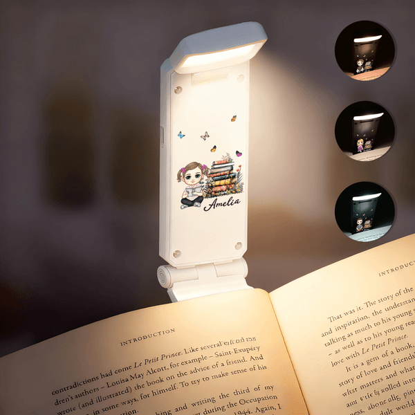 Personalised Cartoon Reading Character Adjustable Rotatable Rechargeable Clip LED Reading Lamp with Name Birthday Gift for Book Lovers Bookworms