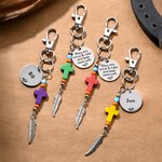 Personalized Natural Stone Cross Saddle Charm with Name and Feather Tassel Horseback Riding Game Christening Gift for Christians Horse Riding Lovers