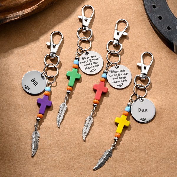 Personalized Natural Stone Cross Saddle Charm with Name and Feather Tassel Horseback Riding Game Christening Gift for Christians Horse Riding Lovers