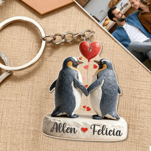 Personalized Penguin Love-Themed Acrylic Keychain with Name Valentine's Day Anniversary Gift for Couples