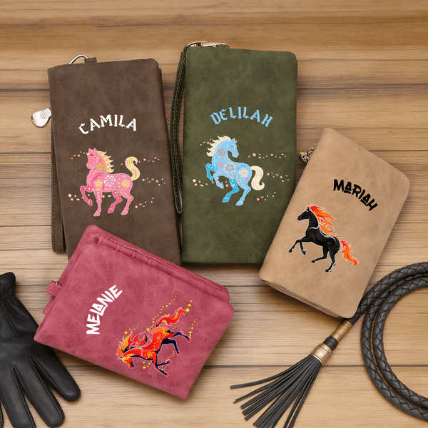 Personalised Multicolour Floral Horse PU Leather Wristlet Wallet with Name and Multiple Card Slots Daily Use Birthday Gift for Horse Owners Lovers