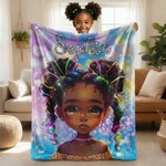 Personalized Dazzling African American Little Girl Soft Throw Blanket with Name Home Decor Birthday Gift for Black Girls