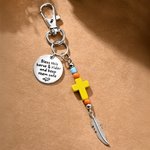 Personalized Natural Stone Cross Saddle Charm with Name and Feather Tassel Horseback Riding Game Christening Gift for Christians Horse Riding Lovers