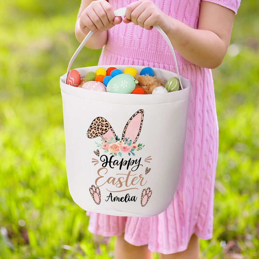 Cestino di tela riutilizzabile con nome per bambini e bambine, personalizzato con stampa leopardata e fiore di coniglietto. 2