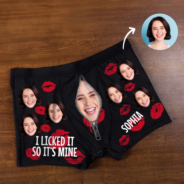 Personalized Funny Open Zipper Face Photo Red Lips Boxer Brief Men's Underwear with Name Valentine's Day Anniversary Gift for Men