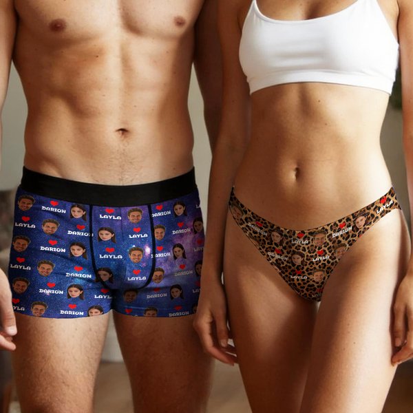 Personalized Funny 1-4 Face Photos Love Breathable Couple Thong Boxer Underwear Brief Set with Name Valentine's Day Anniversary Gift for Him Her