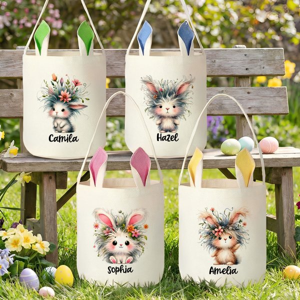 Personalizzato carino peluche coniglio fiore orecchie cestino di Pasqua con nome uova di Pasqua caccia partito favori regalo per ragazzi ragazze