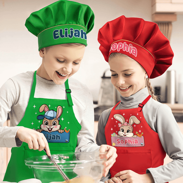 Personalised Cute Bow Hat Easter Bunny Egg Adjustable Kid Apron Chef Hat Set with Name and Pocket Easter Party Gift for Boys Girls
