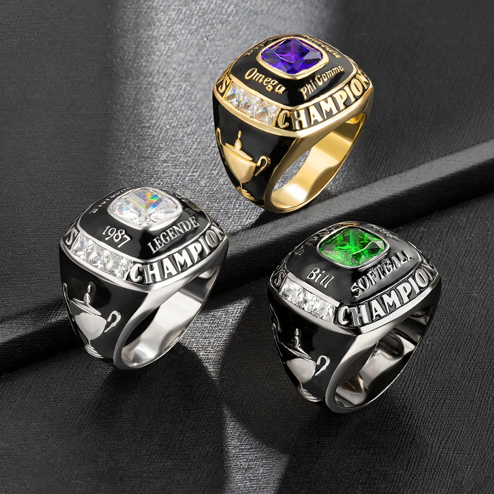 Personalisierter Meisterschaftsring mit Gravuren Symbolen und Edelstein Sport Schmuck Championship Winterspiele Geschenk für Herren Sportler Fans