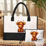Personalised Highland Cow Large Tote Bag Portable Makeup Bag with Name Travel Accessories Mother's Day Birthday Gift for Women Girls