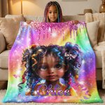 Personalized Dazzling African American Little Girl Soft Throw Blanket with Name Home Decor Birthday Gift for Black Girls