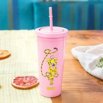 Personalized Long-Tailed Leopard Marsupilami 24 oz Pink Water Bottle with Straw Daily Use  Birthday Gift for Kids Friends | Callie × Marsupilami®