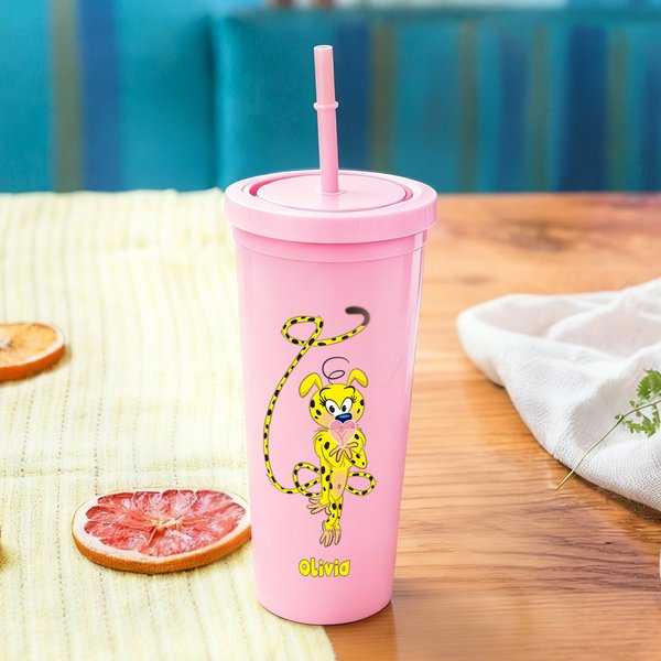 Personalisierte Long-Tailed Leopard Marsupilami 24 oz rosa Wasserflasche mit Strohhalm Geburtstag Geschenk für Kinder Freunde | Callie × Marsupilami®