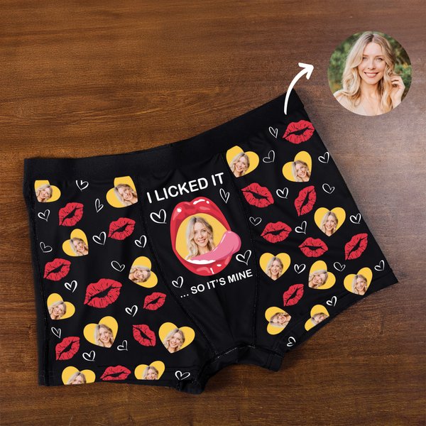 Personalized I Licked It Red Lip Heart Photo Men's Underwear Boxer Brief with Name Valentine's Day Anniversary Gift for Couple Partner
